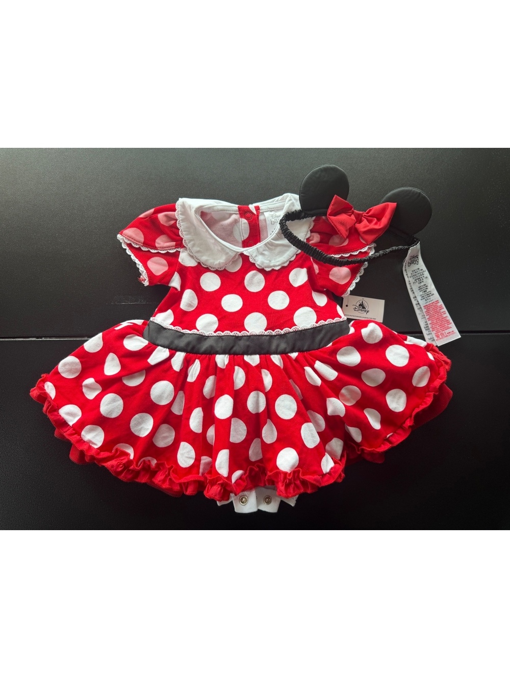 Disney Baby Minnie Mouse Dress Bodysuit 12-18M Polka Dot Ears Headband NWT